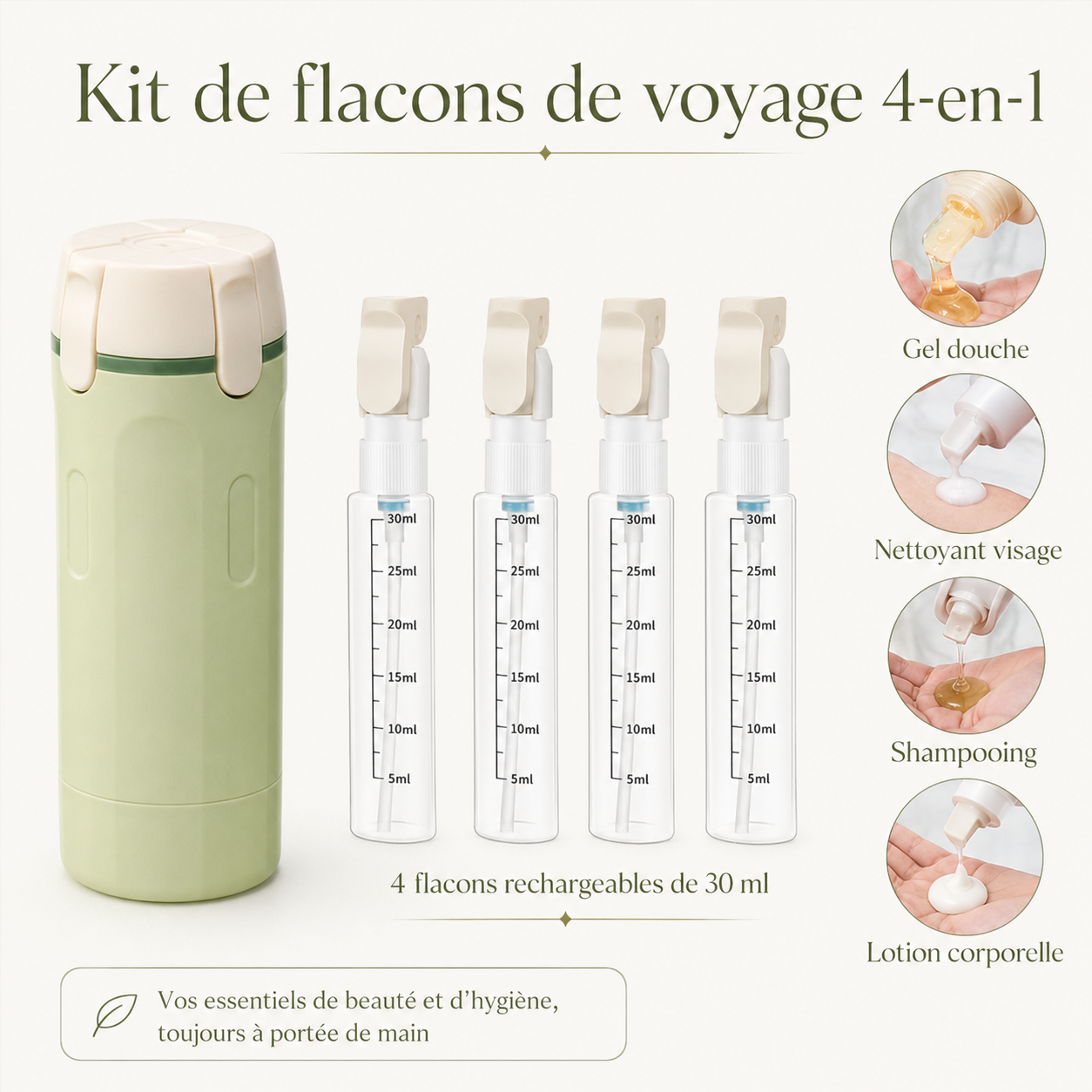 Kit Flacons de Voyage Rechargeables 4 en 1 – 30ml Anti-Fuite, Pompe & Spray | Blanc / Vert