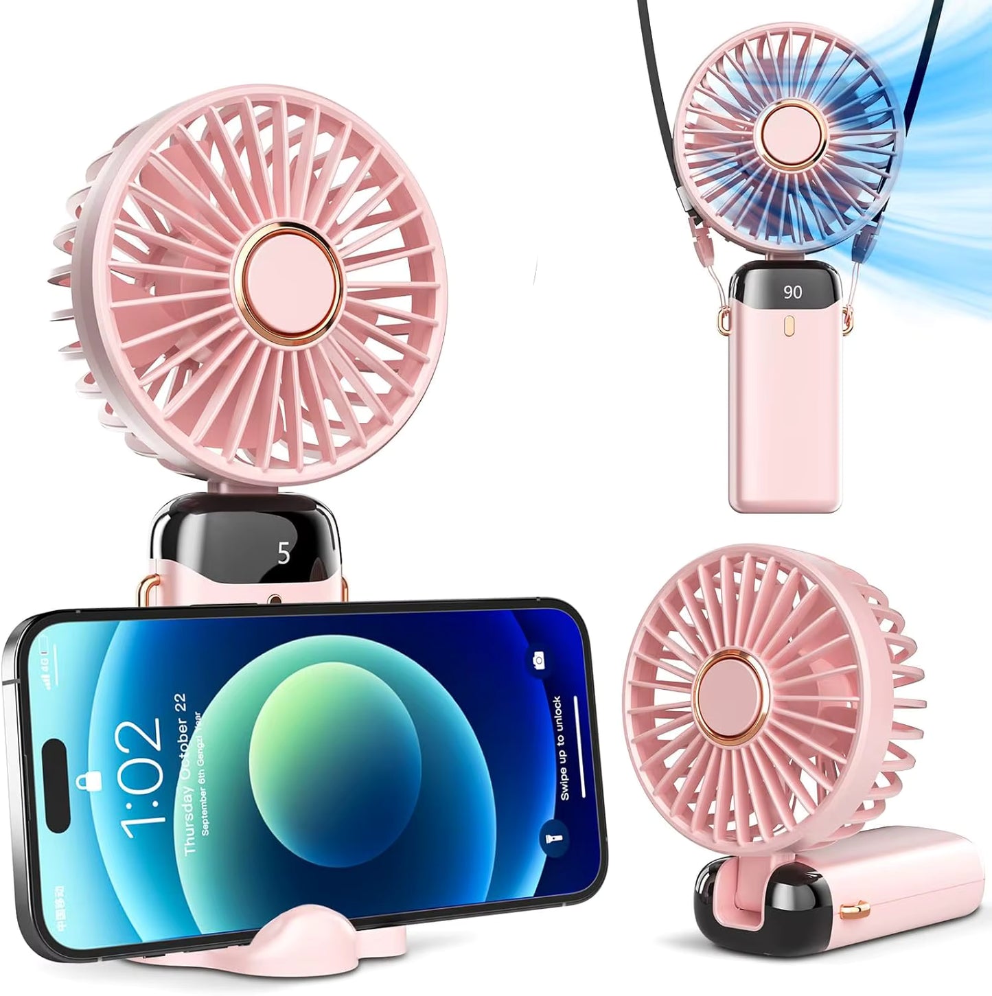 Ventilateur Portable Rechargeable 3000mAh – 5 Vitesses, Écran LED, 24h d'Autonomie