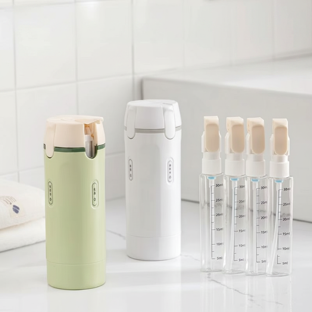 Kit Flacons de Voyage Rechargeables 4 en 1 – 30ml Anti-Fuite, Pompe & Spray | Blanc / Vert