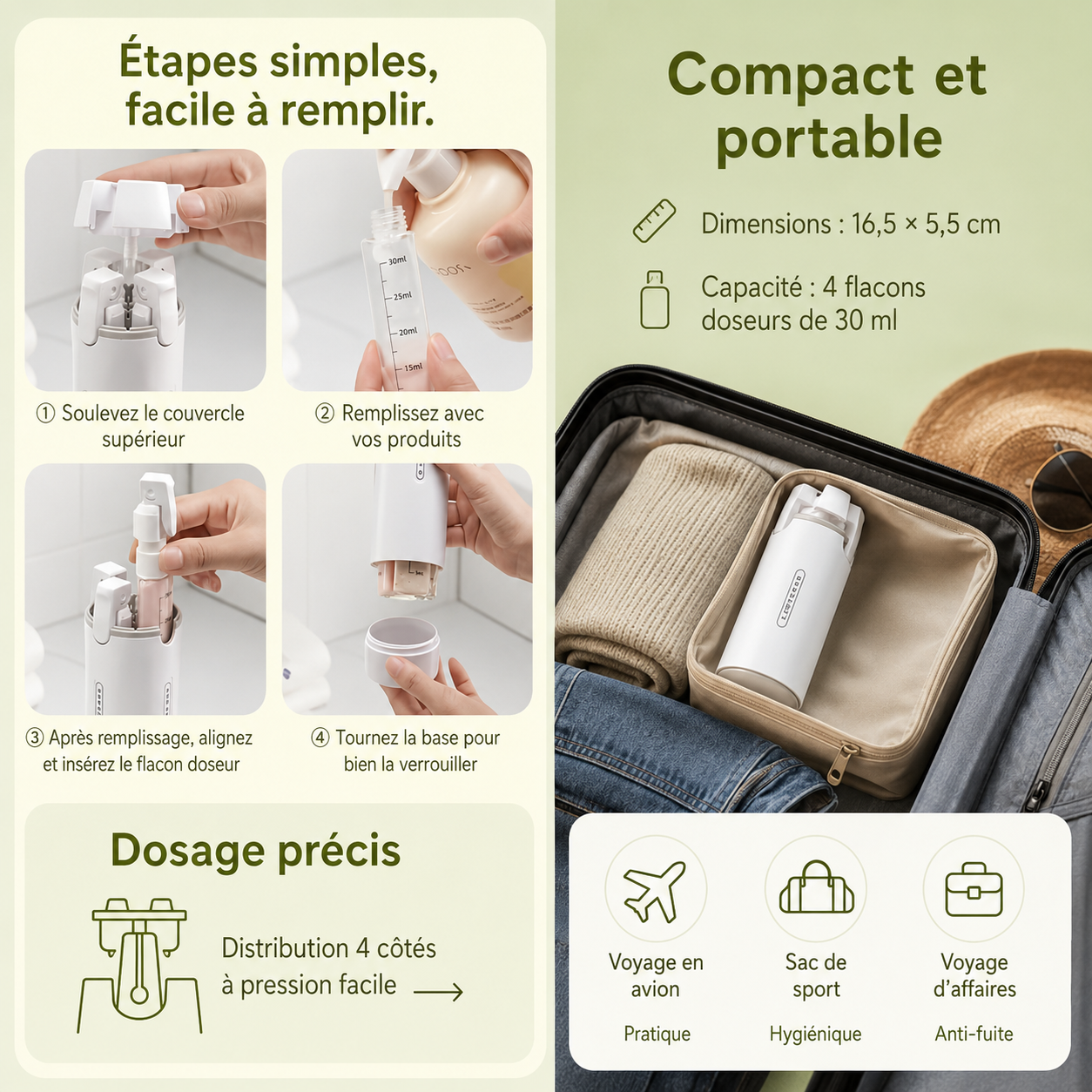 Kit Flacons de Voyage Rechargeables 4 en 1 – 30ml Anti-Fuite, Pompe & Spray | Blanc / Vert