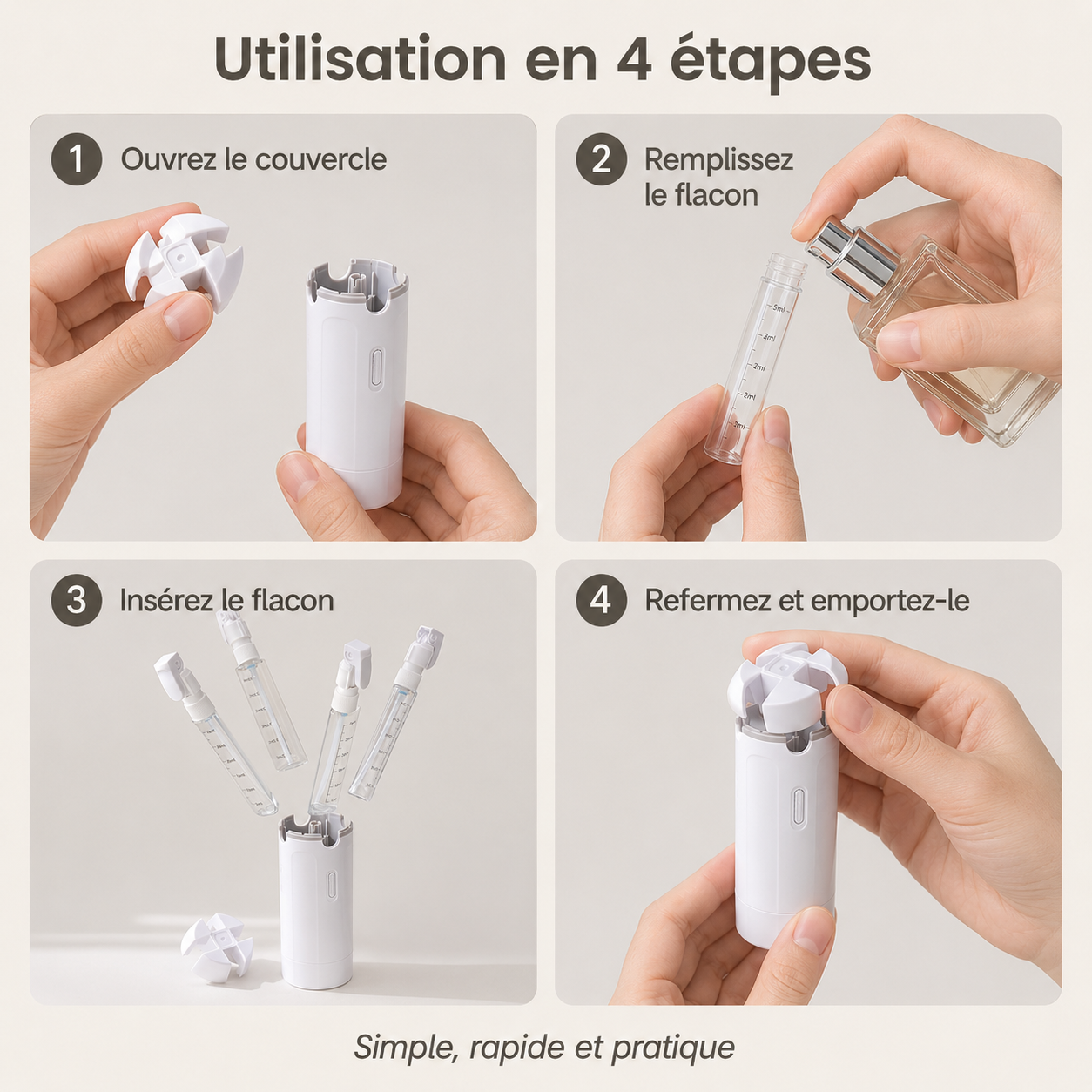 Kit Flacons de Voyage Rechargeables 4 en 1 – 30ml Anti-Fuite, Pompe & Spray | Blanc / Vert