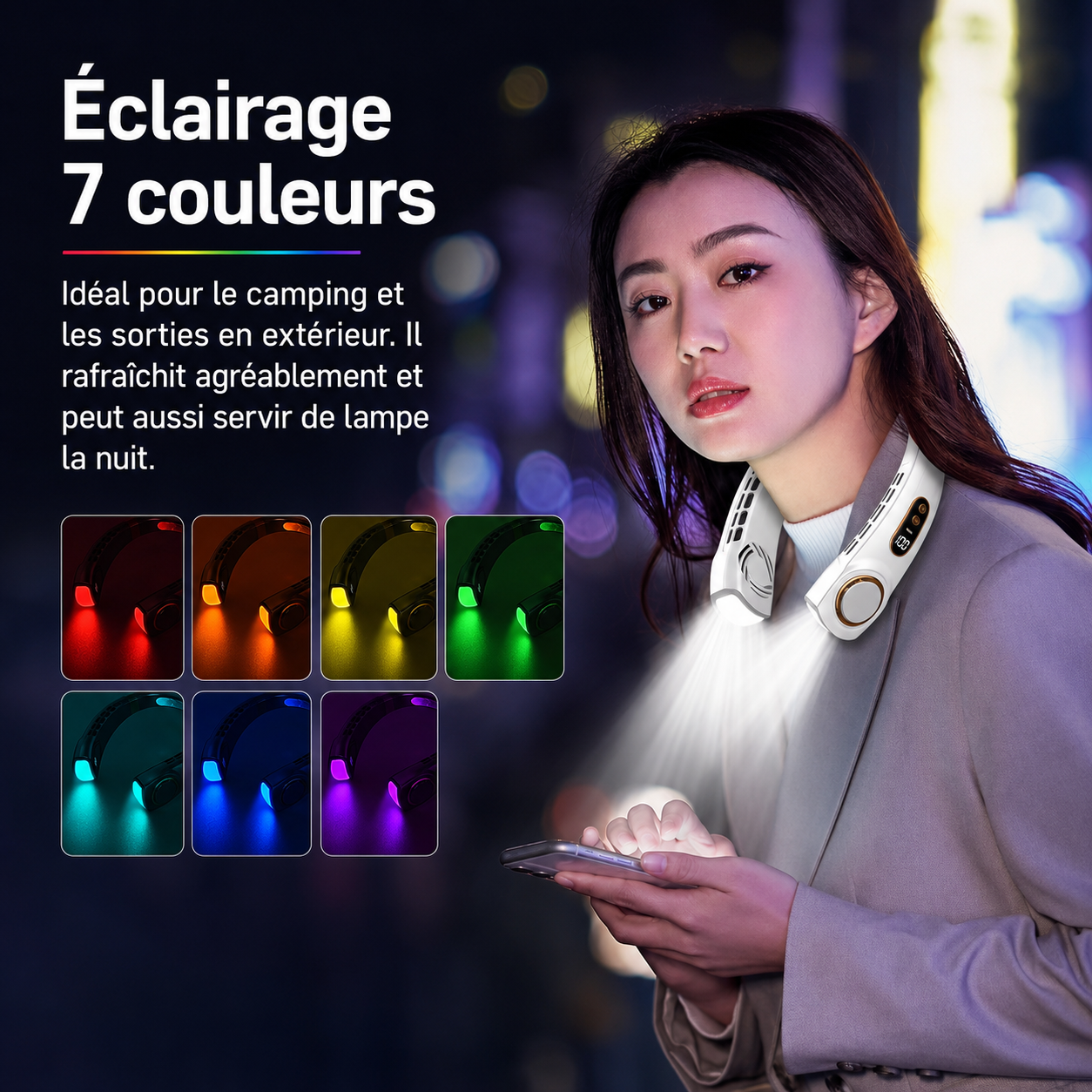 Ventilateur de Cou Sans Pales Rechargeable USB 4000mAh – Plaque Refroidissement LED, 5 Vitesses