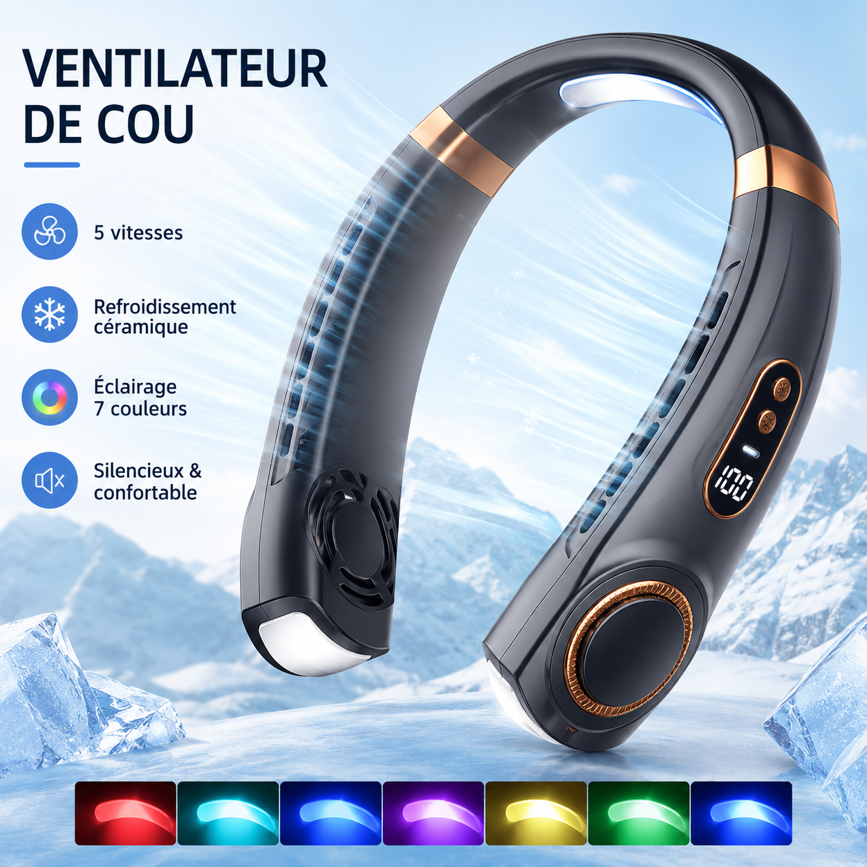 Ventilateur de Cou Sans Pales Rechargeable USB 4000mAh – Plaque Refroidissement LED, 5 Vitesses